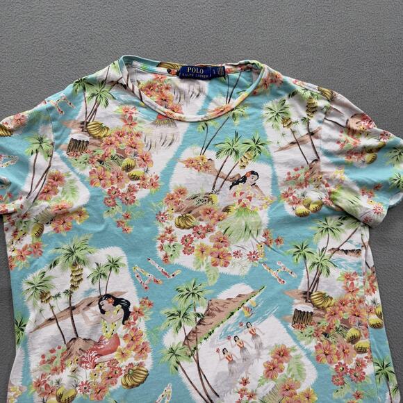 Polo Ralph Lauren Shirt Mens Large Blue Hawaiian Aloha Hula Graphic Tee Crewneck - Picture 8 of 9